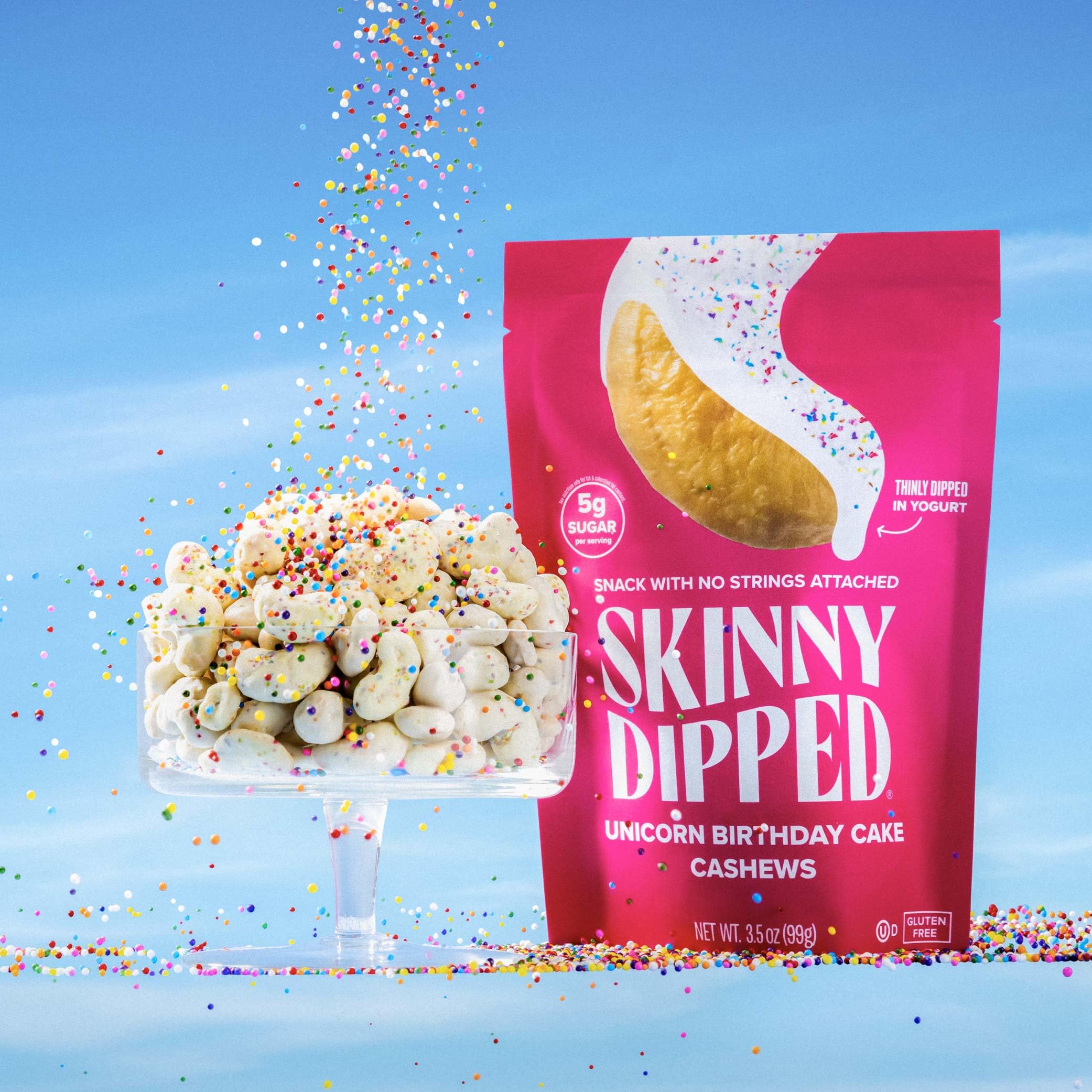 SKINNYDIPPED cashews nutrition label shows gluten-free and non-GMO sourcing.