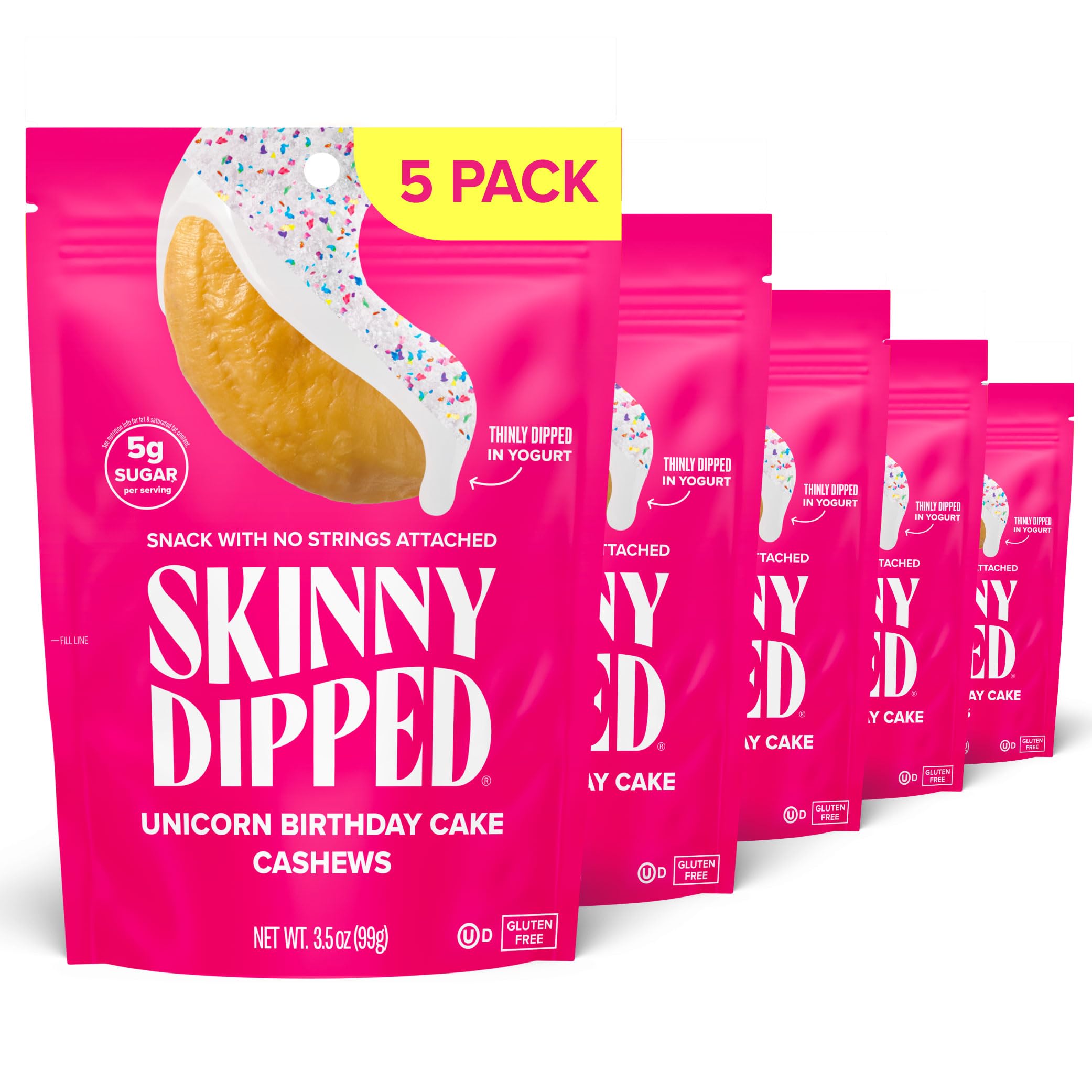 SKINNYDIPPED Birthday Cake Cashews packaging with resealable bag for on-the-go snacking.