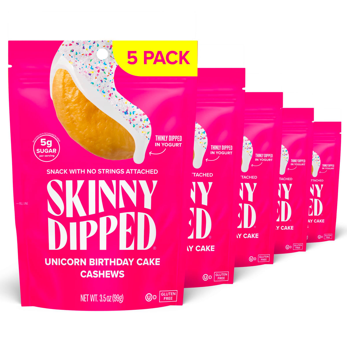 SKINNYDIPPED Birthday Cake Cashews packaging with resealable bag for on-the-go snacking.