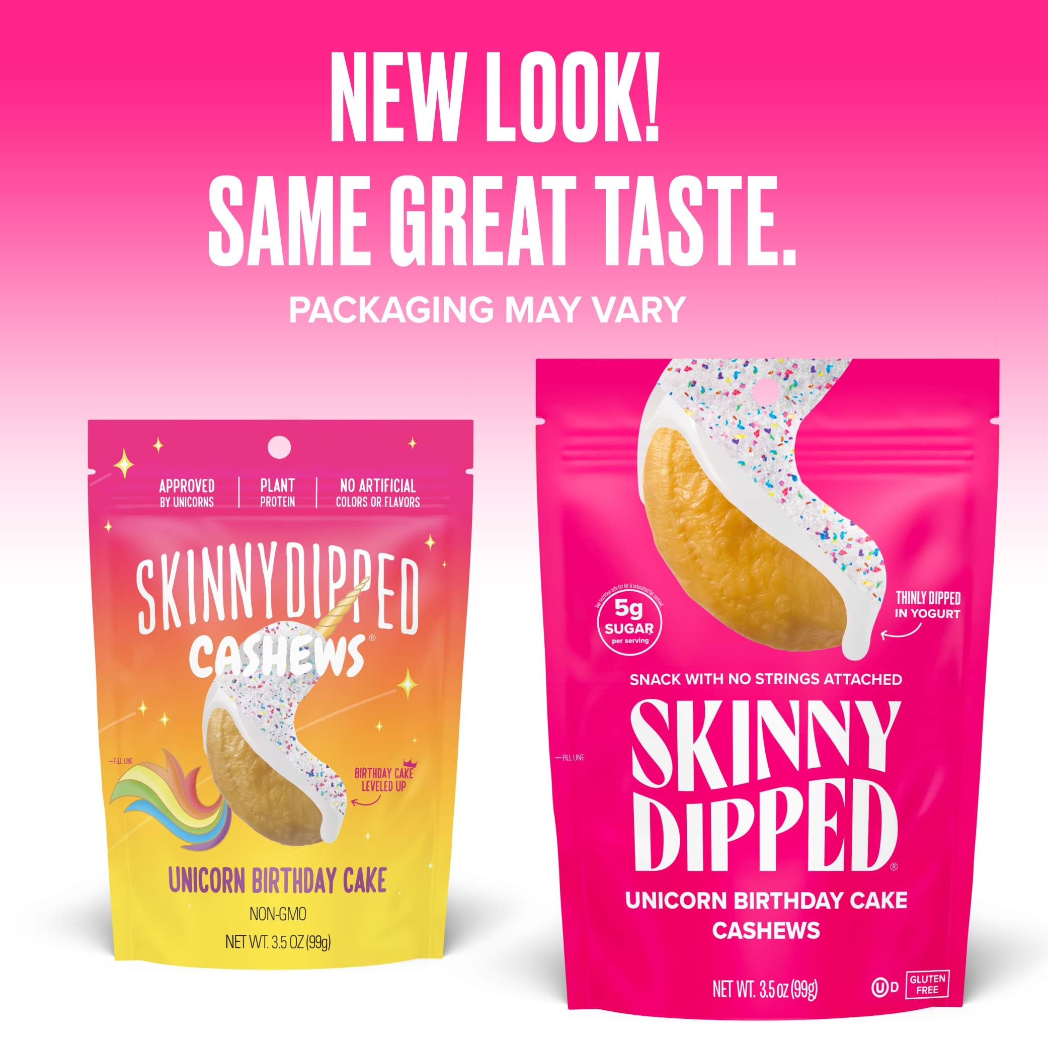 SKINNYDIPPED Birthday Cake Cashews sprinkles topping adds festive crunch.