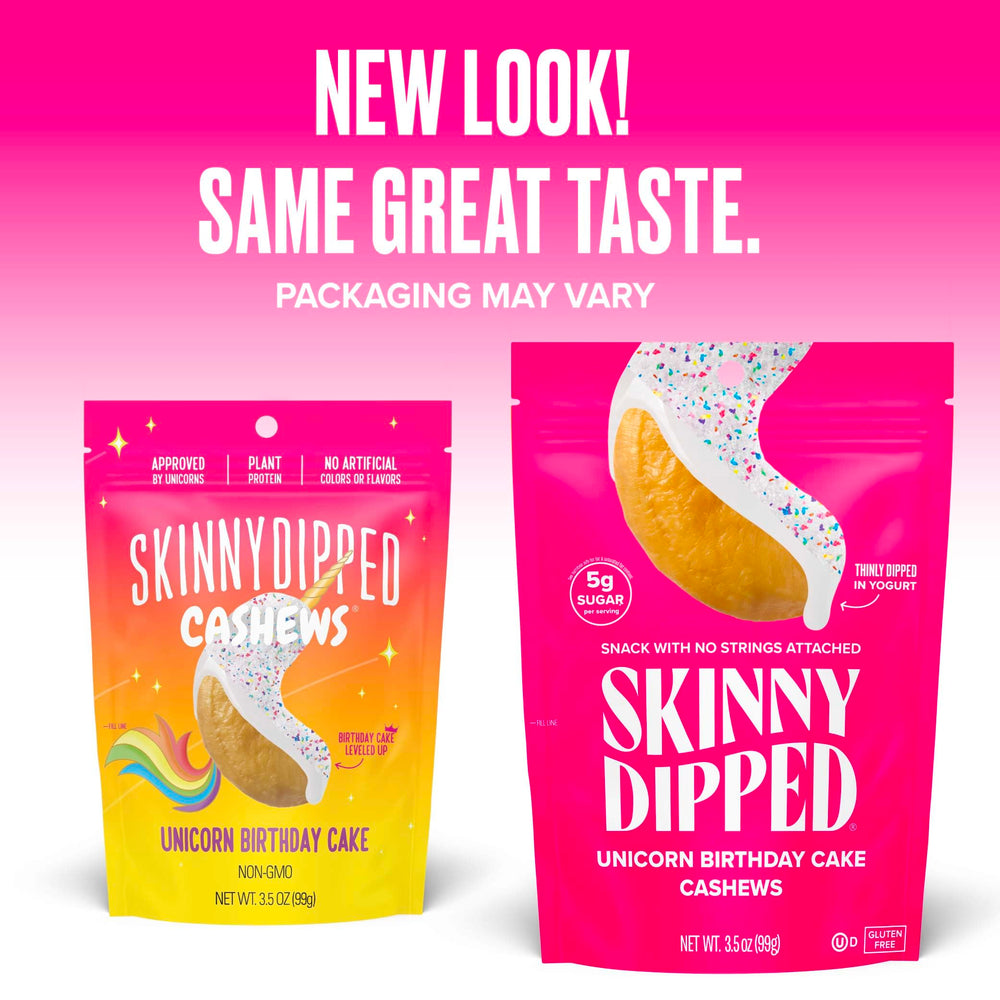 SKINNYDIPPED Birthday Cake Cashews sprinkles topping adds festive crunch.
