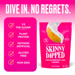 SKINNYDIPPED cashews close-up reveals buttery texture with a thin frosting layer.