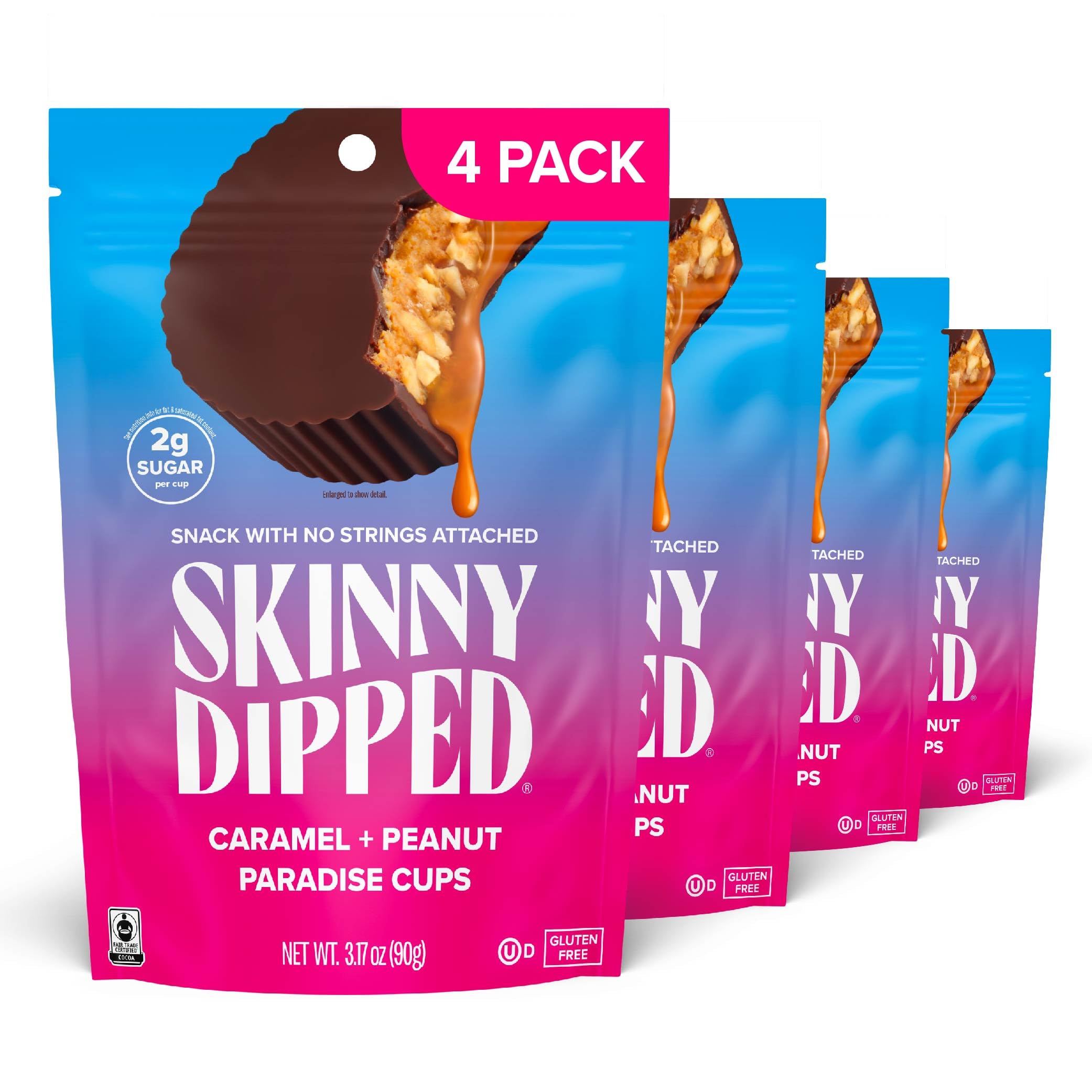 SKINNYDIPPED Caramel Peanut Paradise Cups packaging on display for grab-and-go snacking