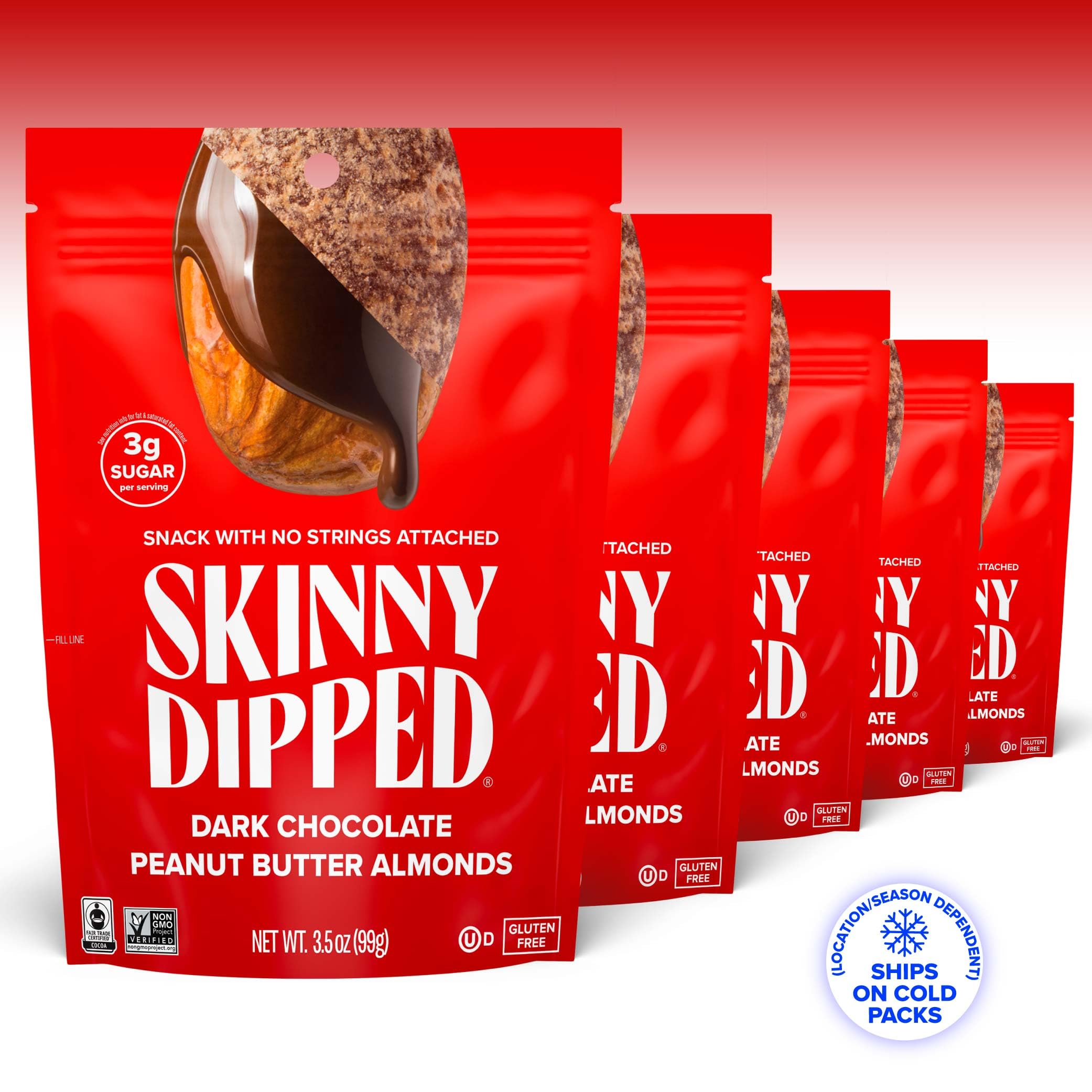Close-up of SkinnyDipped almonds coated in chocolate and peanut butter.