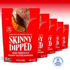 Close-up of SkinnyDipped almonds coated in chocolate and peanut butter.