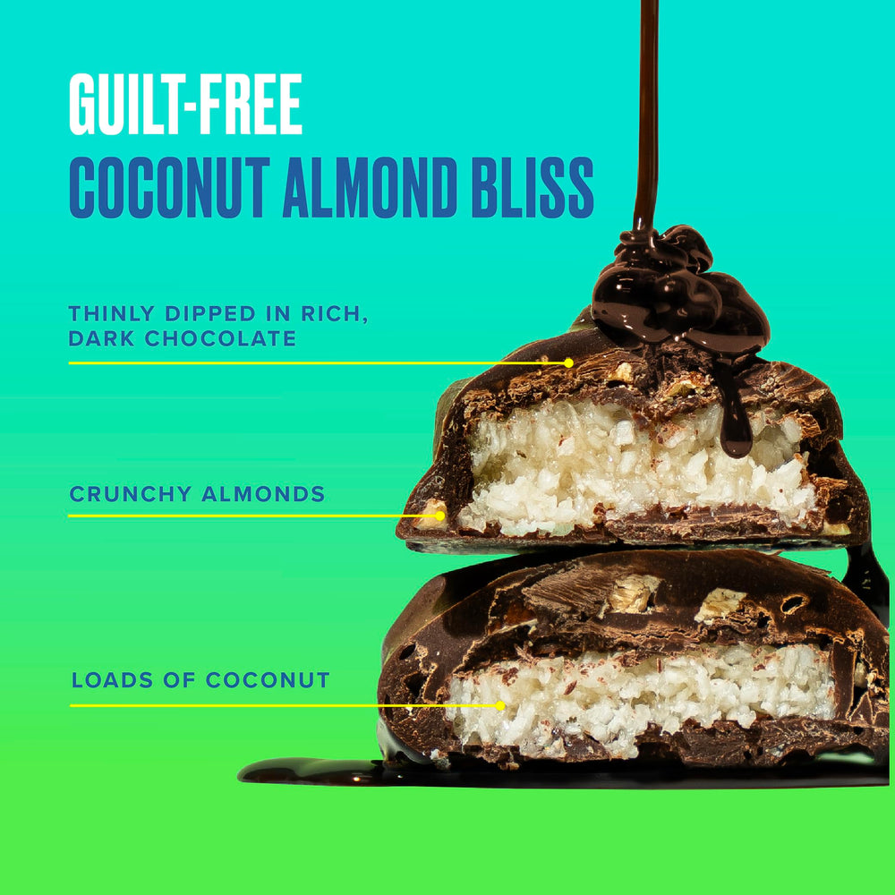 SkinnyDipped coconut almond bites arranged on a plate ready to enjoy