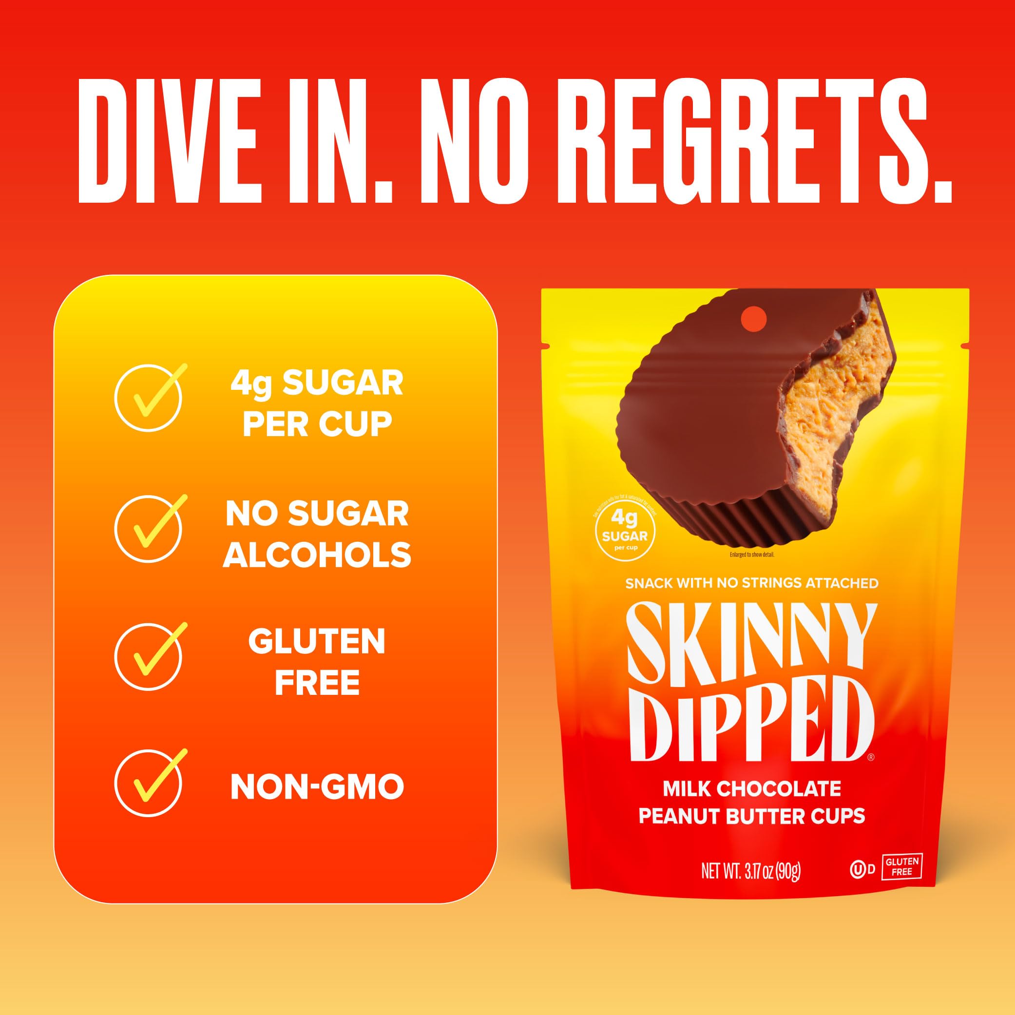 SkinnyDipped cups in hand convey snack-ready convenience.