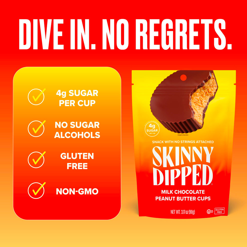 SkinnyDipped cups in hand convey snack-ready convenience.