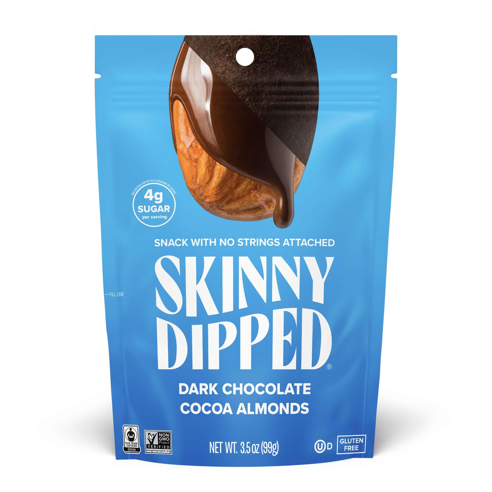 SkinnyDipped dark chocolate almonds bag shot for convenient on-the-go energy.
