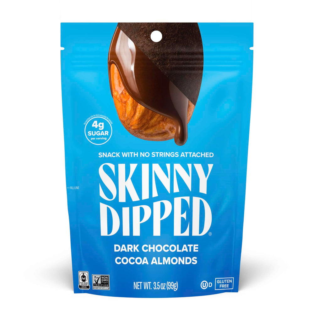SkinnyDipped dark chocolate almonds bag shot for convenient on-the-go energy.