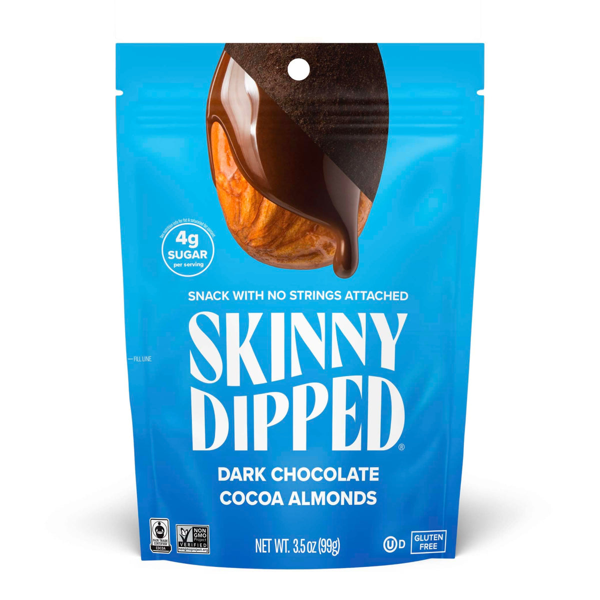 SkinnyDipped dark chocolate almonds bag shot for convenient on-the-go energy.