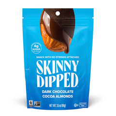 SkinnyDipped dark chocolate almonds bag shot for convenient on-the-go energy.