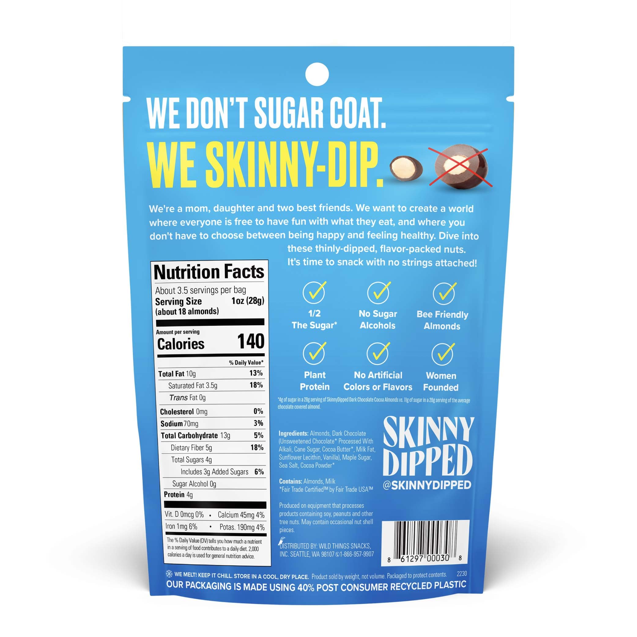 SkinnyDipped dark chocolate almonds close-up with glossy coating and almond crunch.