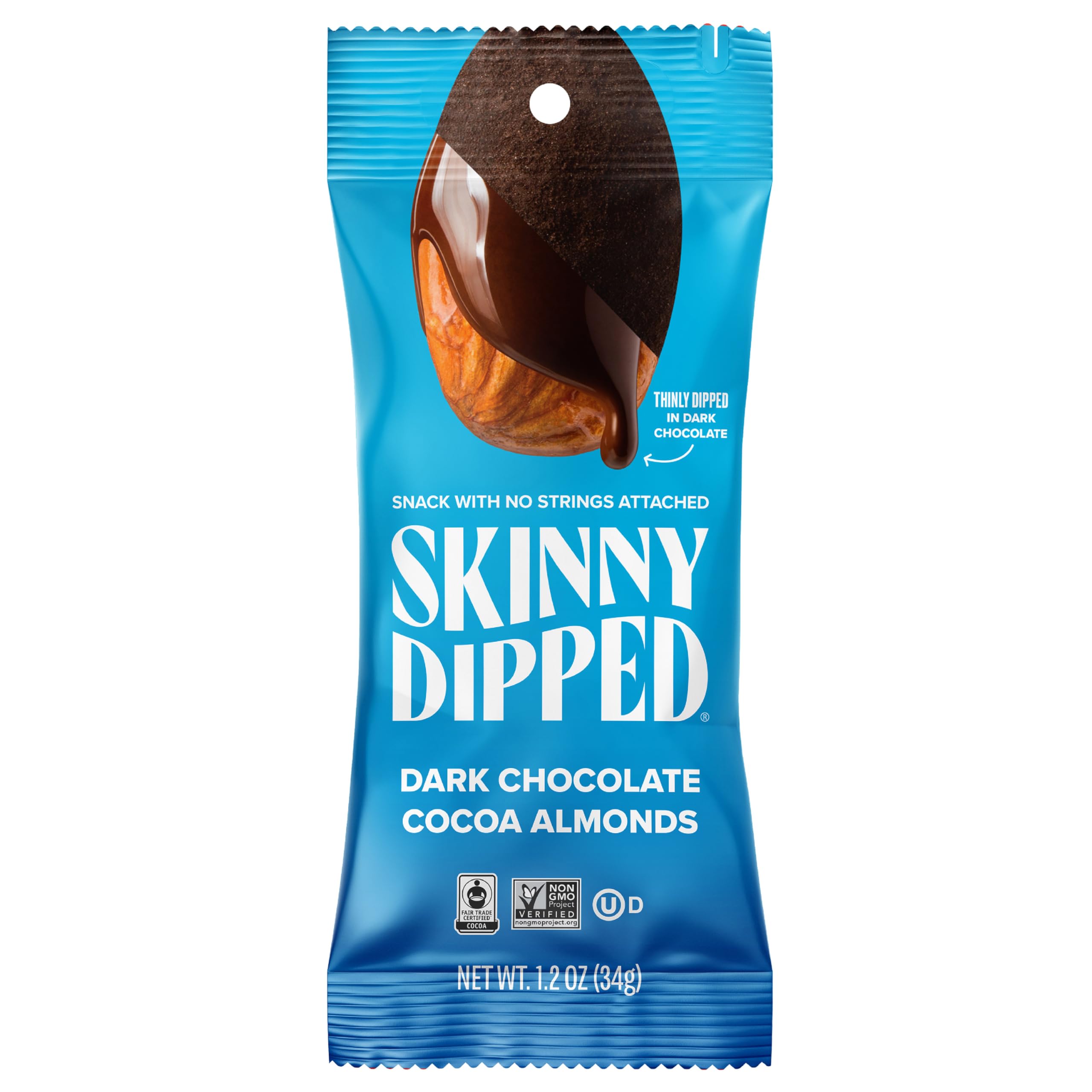SKINNYDIPPED dark chocolate almonds closeup showing crisp roasted almonds and coating