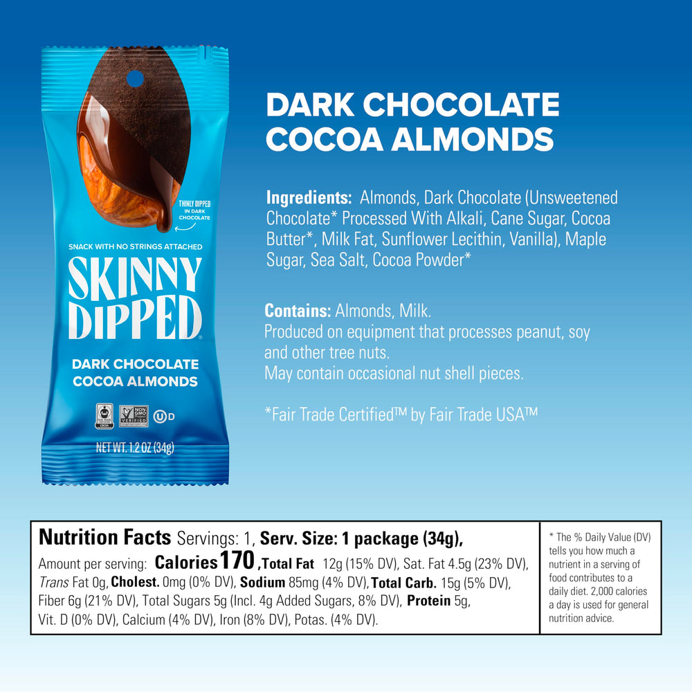SKINNYDIPPED packaging shot highlighting convenient portable snack packs