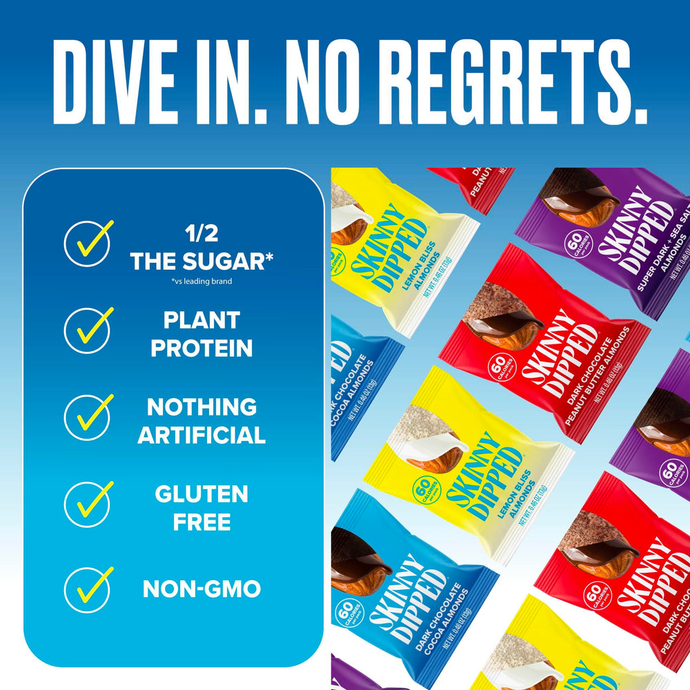 Dark chocolate coated SKINNYDIPPED almonds for a rich, satisfying bite.