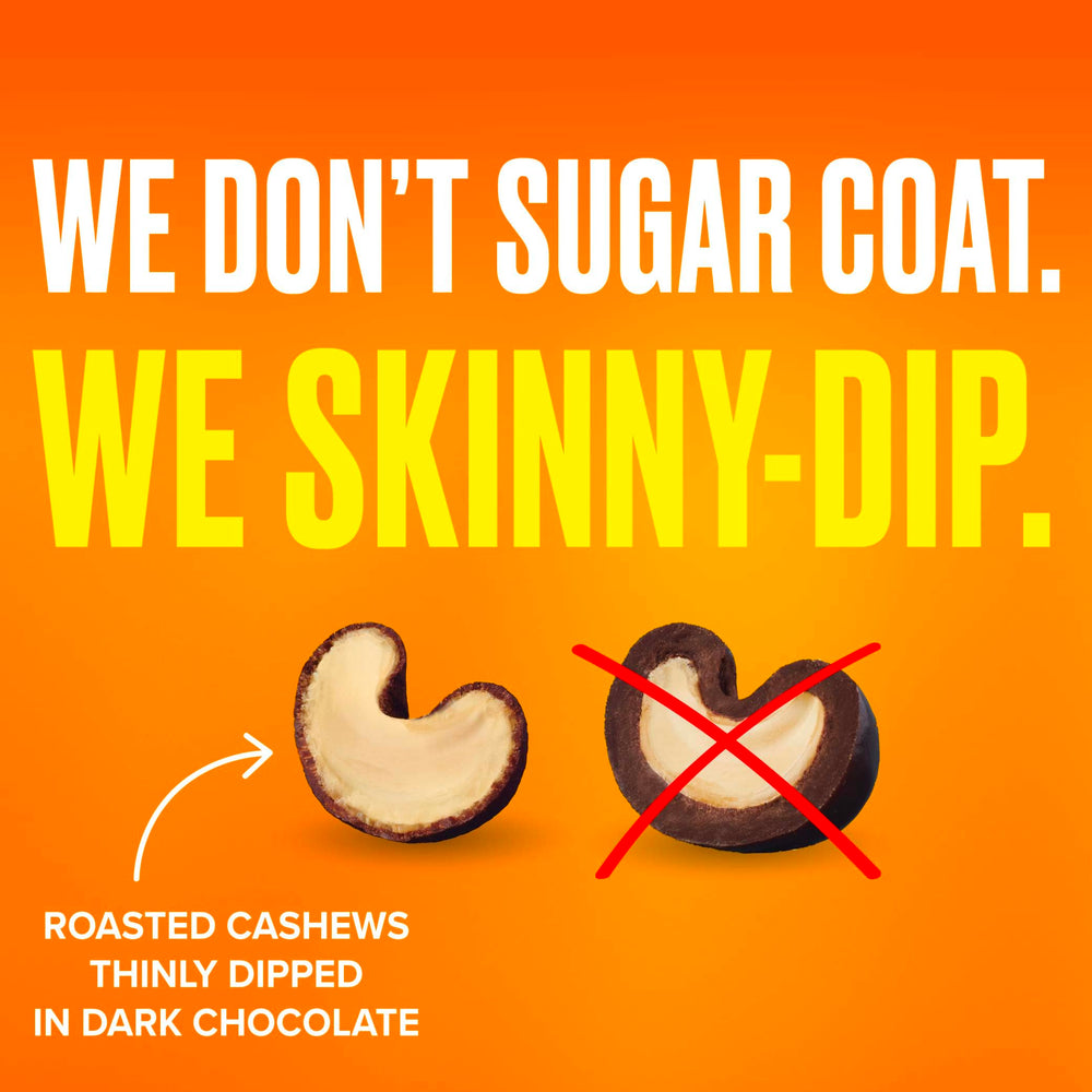 SkinnyDipped dark chocolate coating closeup with glossy finish and cocoa aroma.