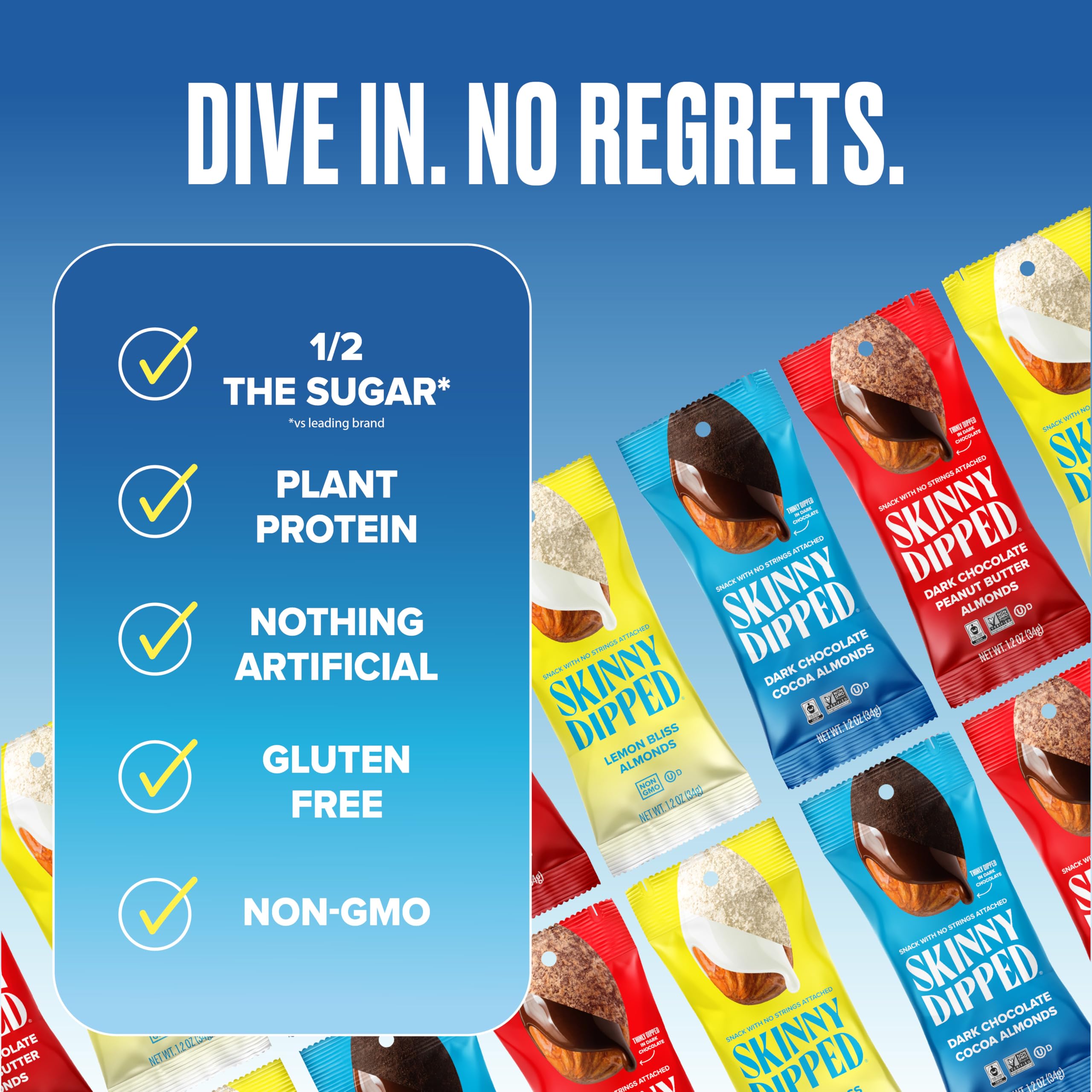 SKINNYDIPPED dark-chocolate coating close-up—silky chocolate with a crisp bite.