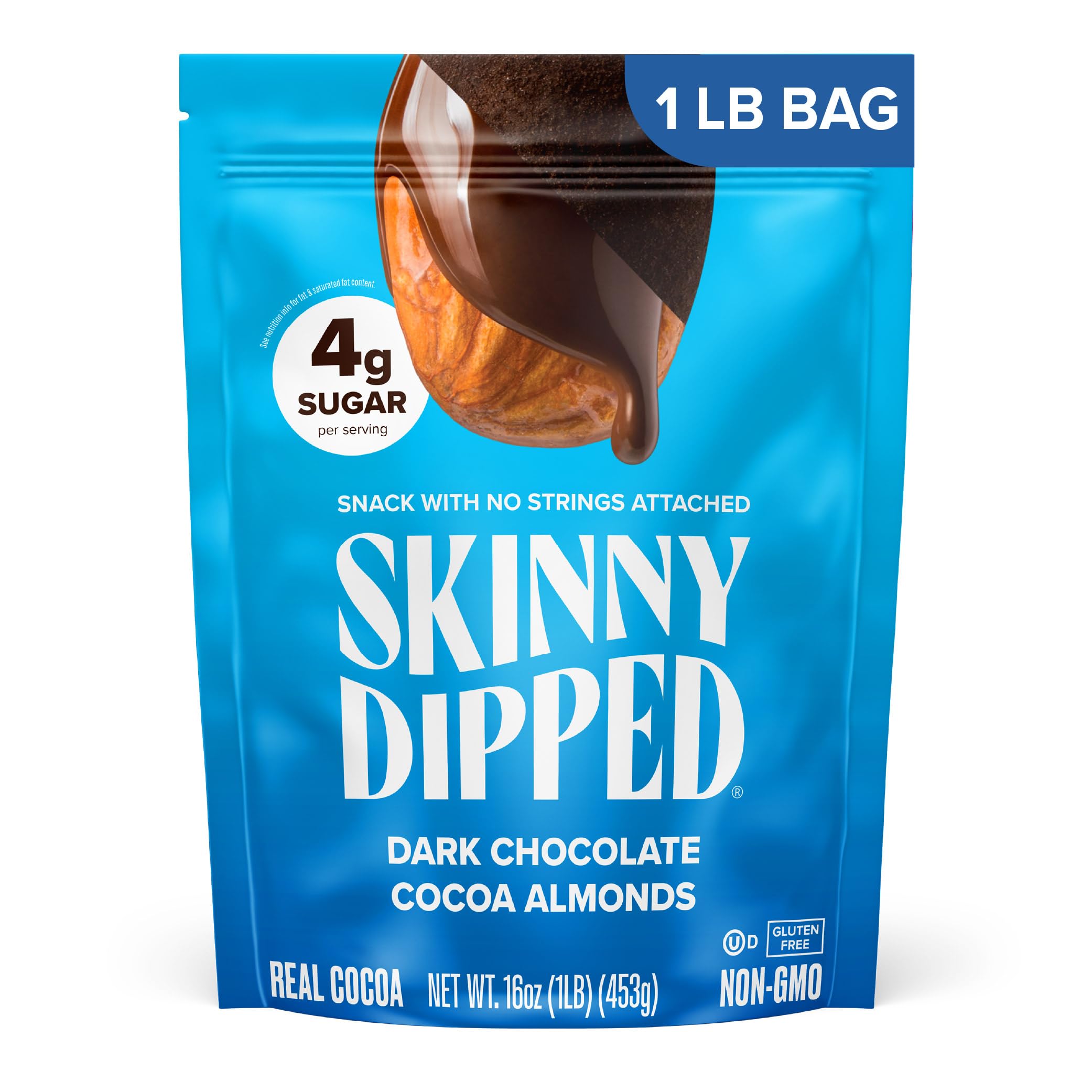SkinnyDipped dark chocolate cocoa almonds in a 1lb bag offer a satisfying, protein-forward snack.