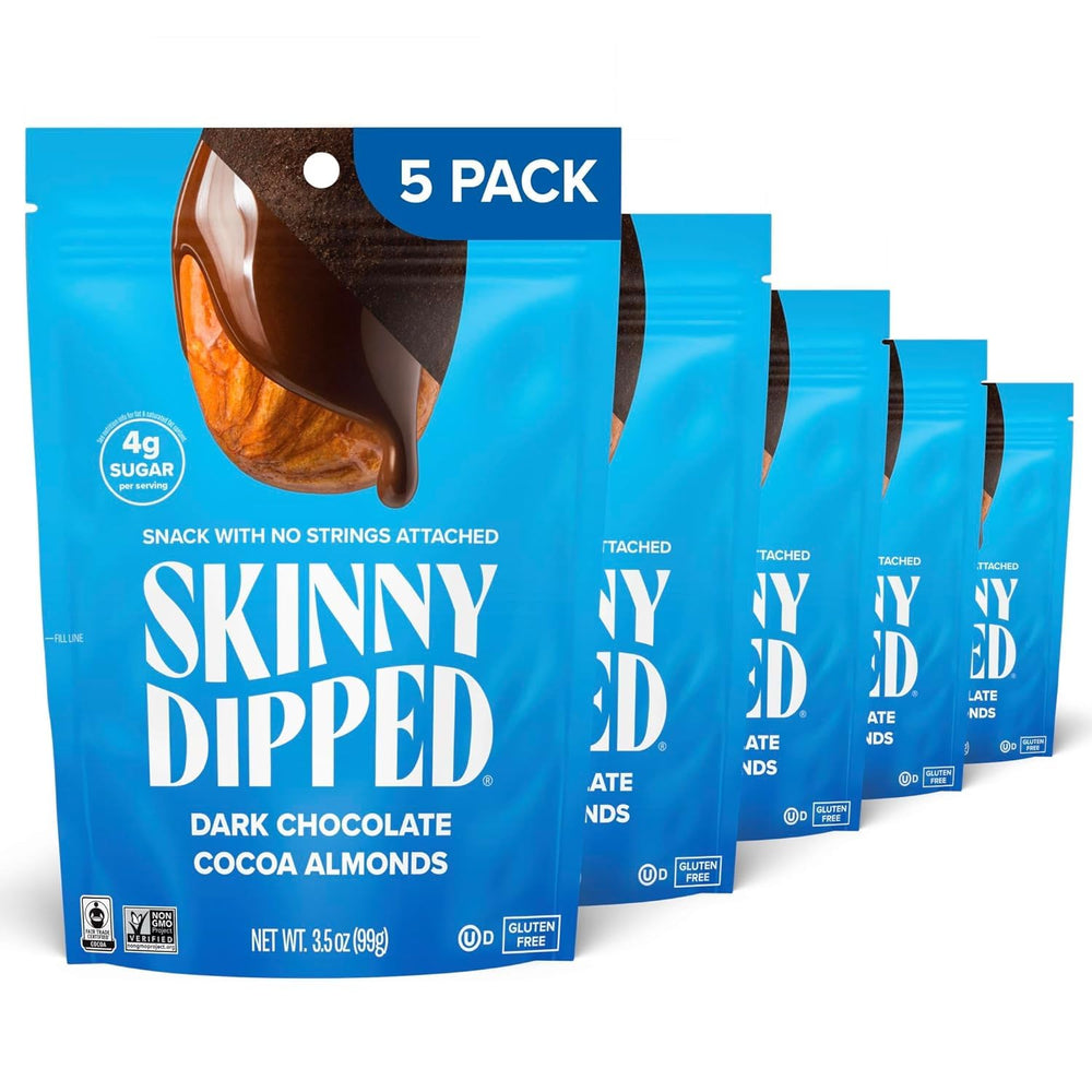SkinnyDipped dark chocolate cocoa almonds in resealable five-bag pack for on-the-go nourishment.