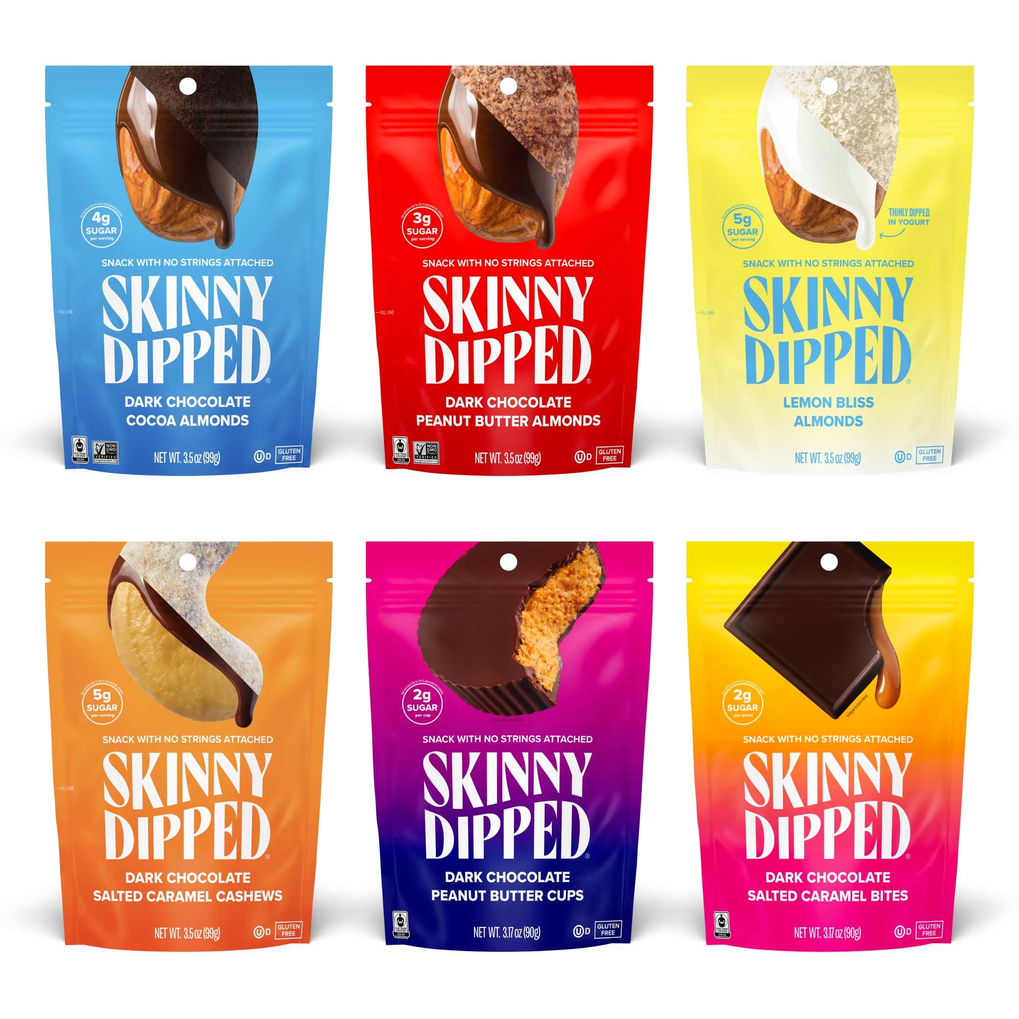SkinnyDipped Dark Chocolate Cocoa Bites close-up, a rich grab-and-go snack.