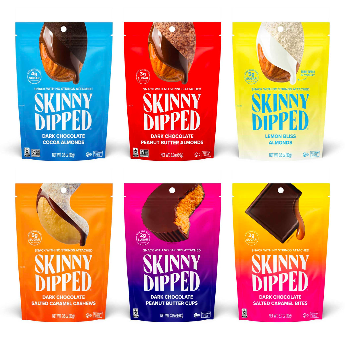 SkinnyDipped Dark Chocolate Cocoa Bites close-up, a rich grab-and-go snack.