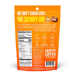 SkinnyDipped Dark Chocolate Cocoa Bites packaging shows convenient snacking on the go.