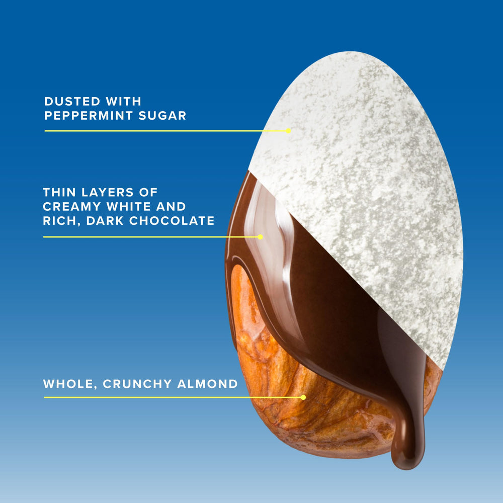 SkinnyDipped dark chocolate layer almonds shown in close-up detail.