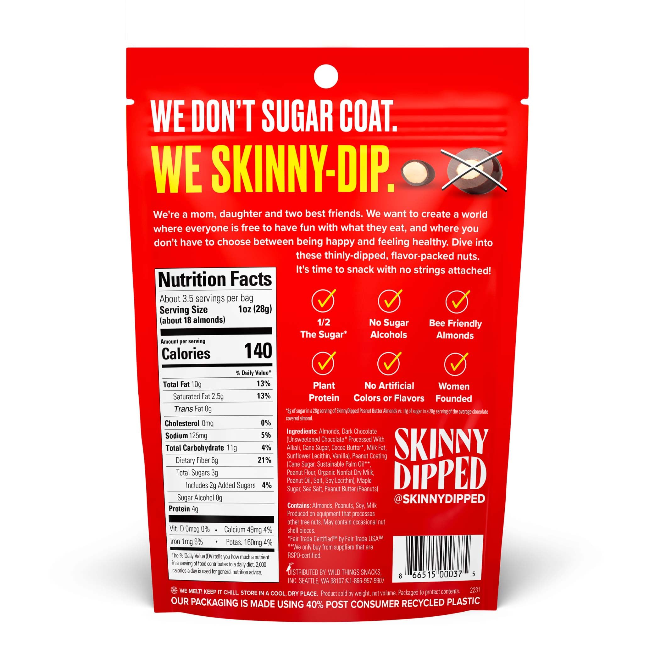 SkinnyDipped bag back with gluten-free and Non-GMO labeling.