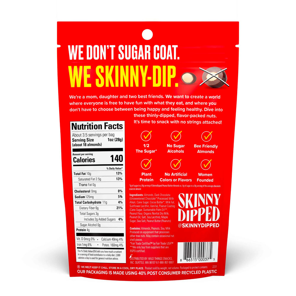 SkinnyDipped bag back with gluten-free and Non-GMO labeling.
