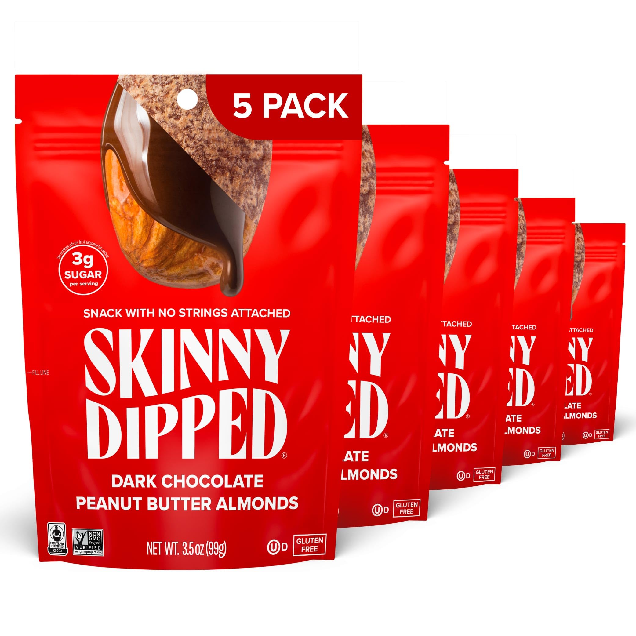 SkinnyDipped bag front showing resealable pouch for on-the-go snacking.