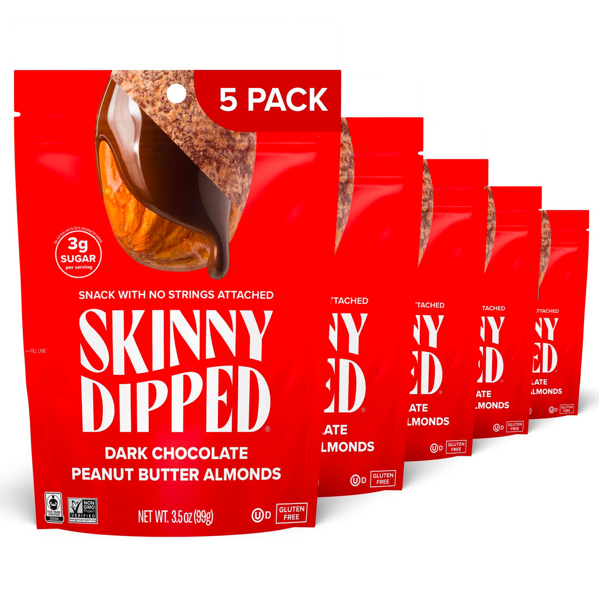 SkinnyDipped bag front showing resealable pouch for on-the-go snacking.