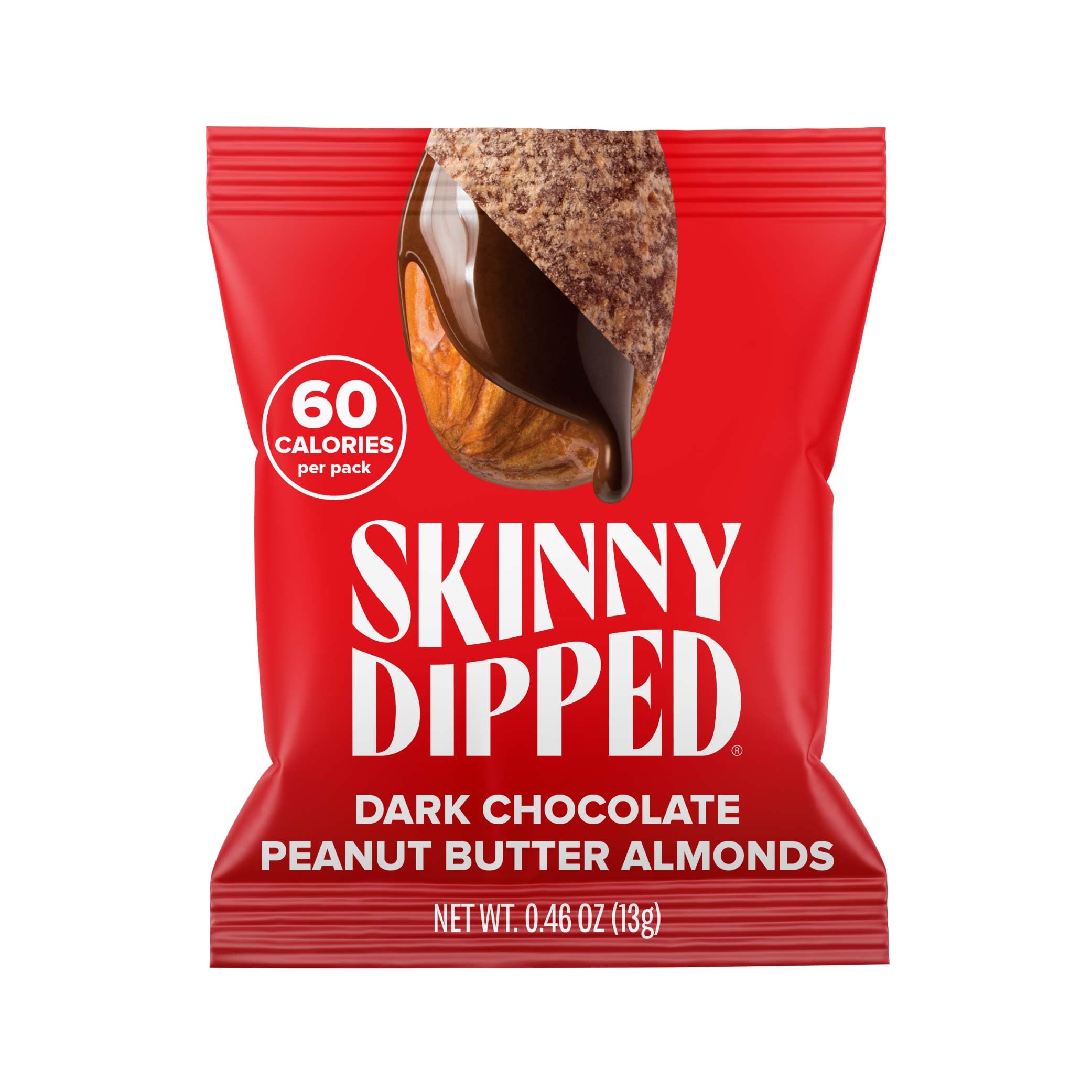 SkinnyDipped dark chocolate peanut butter almonds close-up highlighting glossy coating and nutty sweetness.
