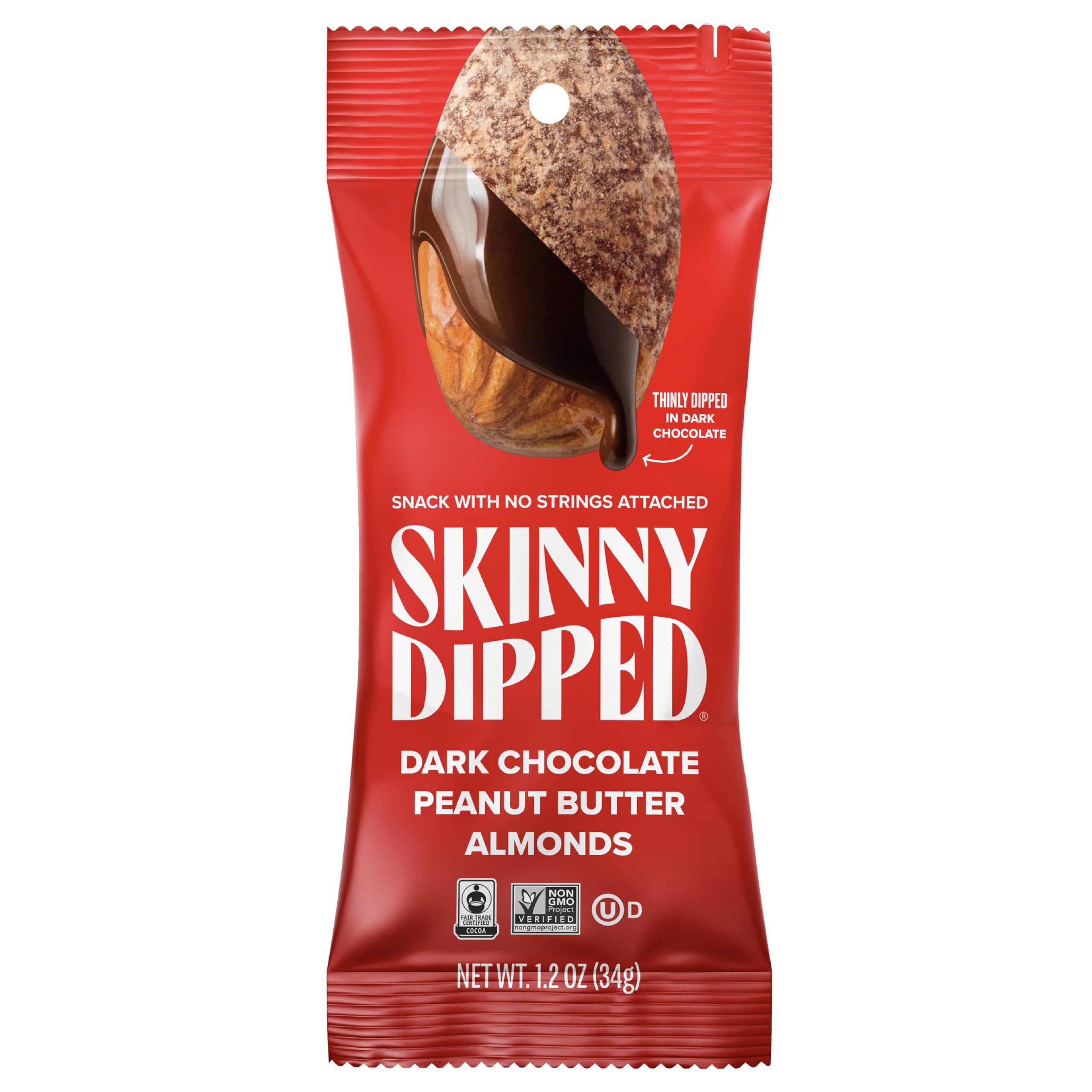 SkinnyDipped almond-based snack with dark chocolate and peanut butter for on-the-go protein