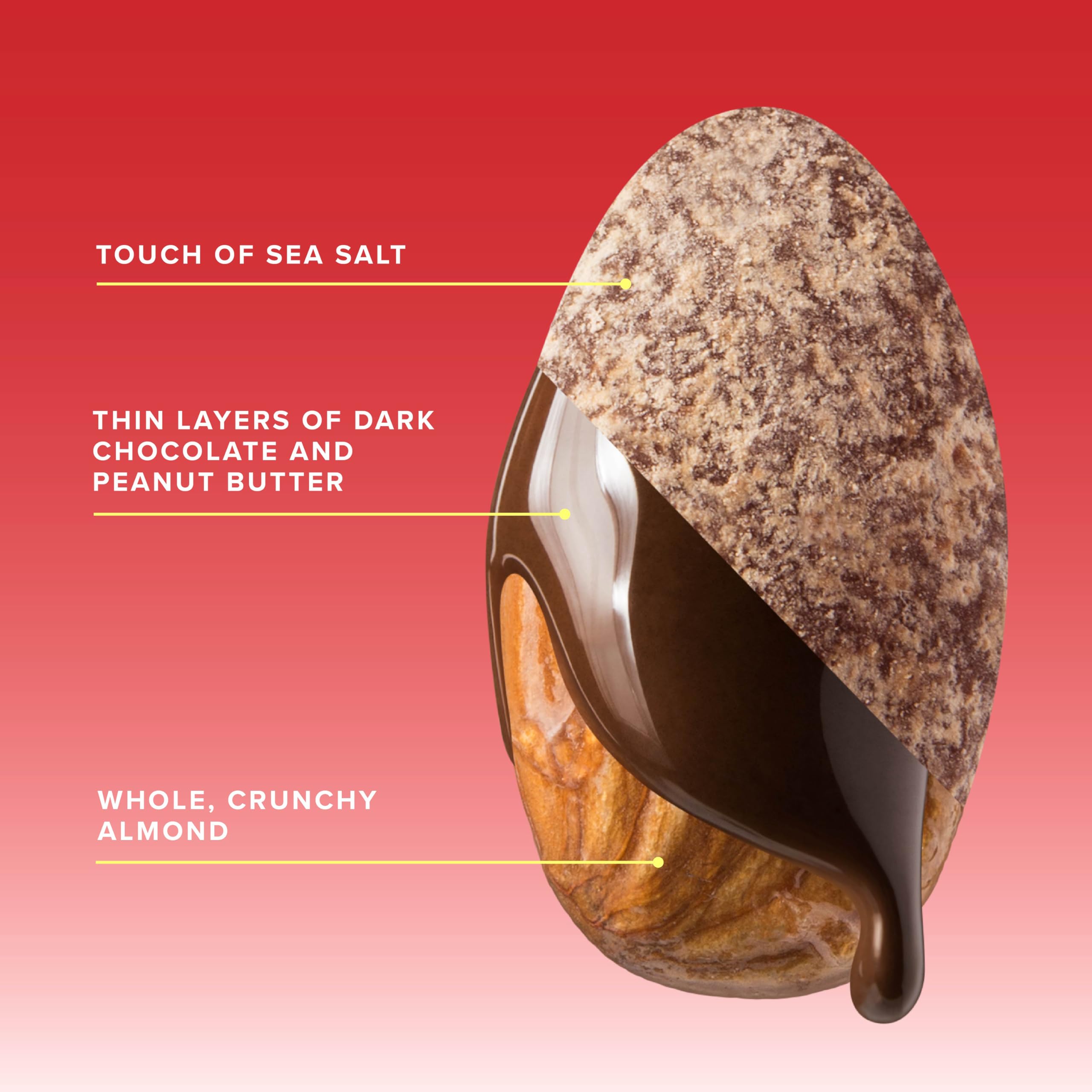 Thin layer of dark chocolate with peanut butter kiss on almonds