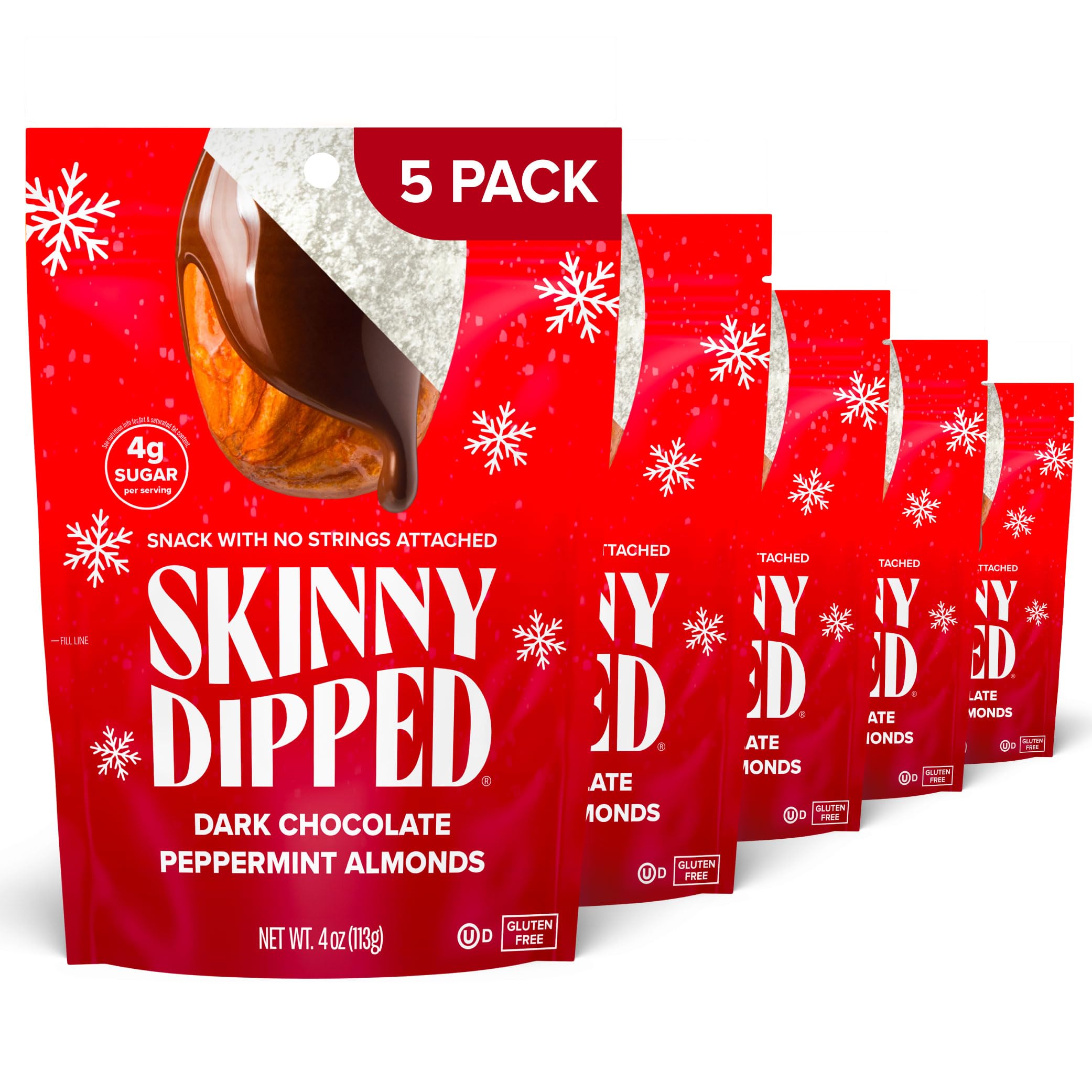 SkinnyDipped dark chocolate peppermint almonds in a resealable bag for easy snacking.