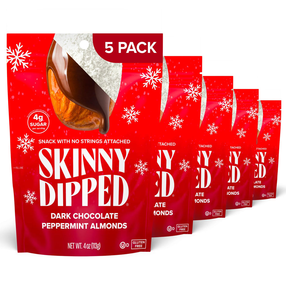 SkinnyDipped dark chocolate peppermint almonds in a resealable bag for easy snacking.