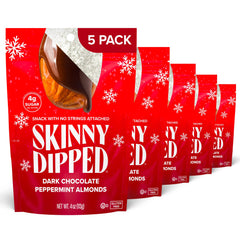 SkinnyDipped dark chocolate peppermint almonds in a resealable bag for easy snacking.