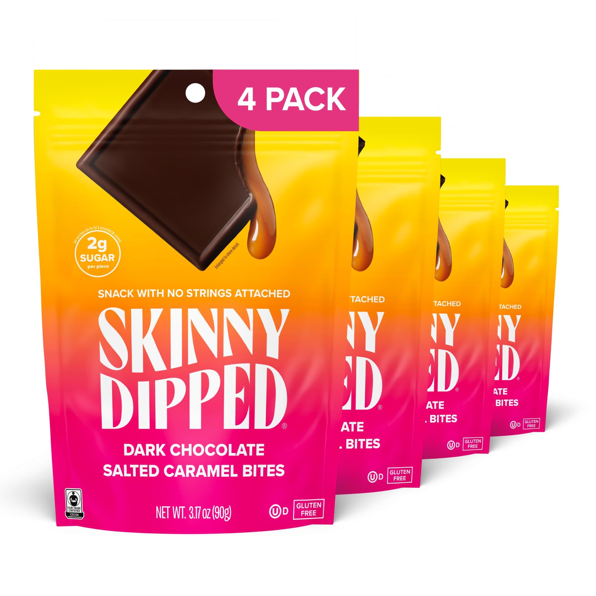 SkinnyDipped dark chocolate salted caramel bites on a plate showcase bold flavor and low sugar.