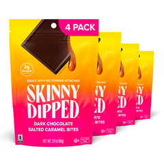 SkinnyDipped dark chocolate salted caramel bites on a plate showcase bold flavor and low sugar.