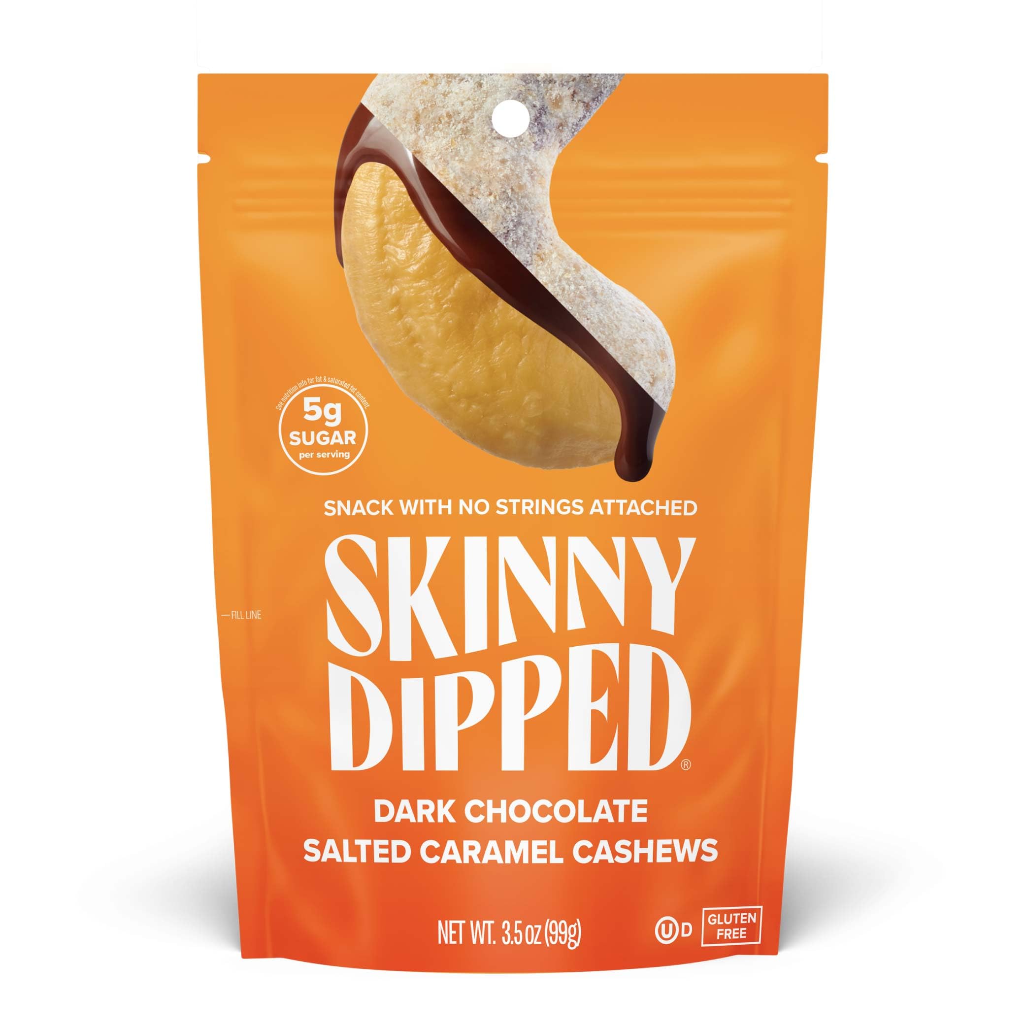 SkinnyDipped dark chocolate salted caramel cashews on bag front, gluten-free and protein-rich.