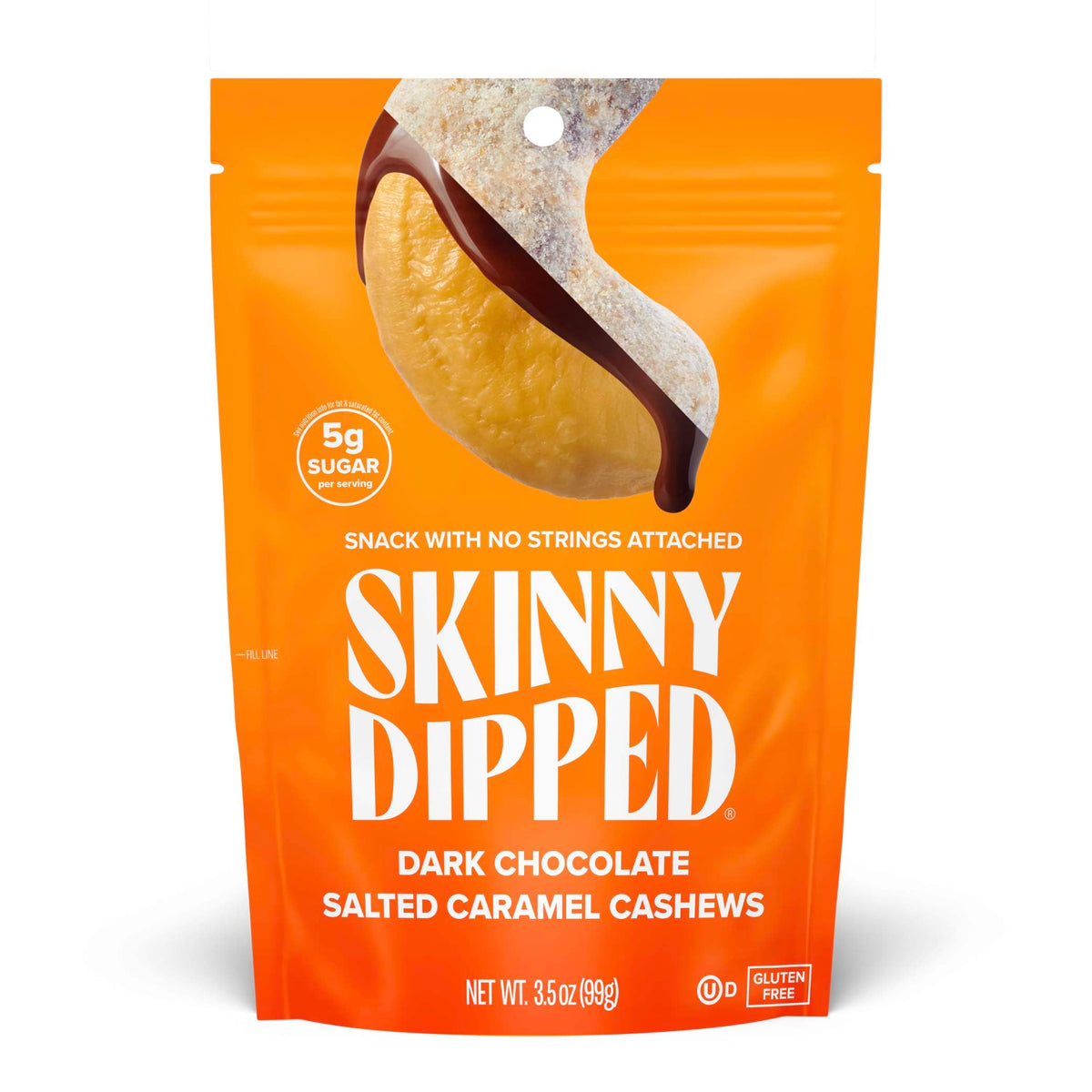 SkinnyDipped dark chocolate salted caramel cashews on bag front, gluten-free and protein-rich.