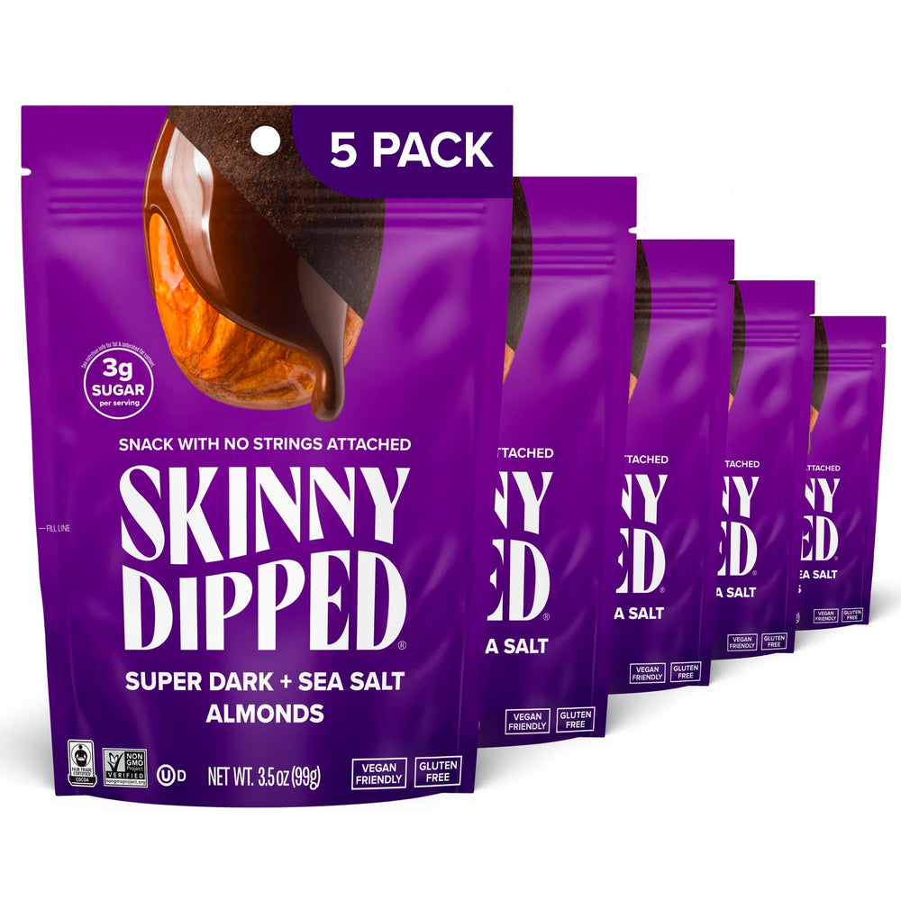 SKINNYDIPPED dark chocolate sea salt almonds in a 5-pack resealable bag for on-the-go snacking.