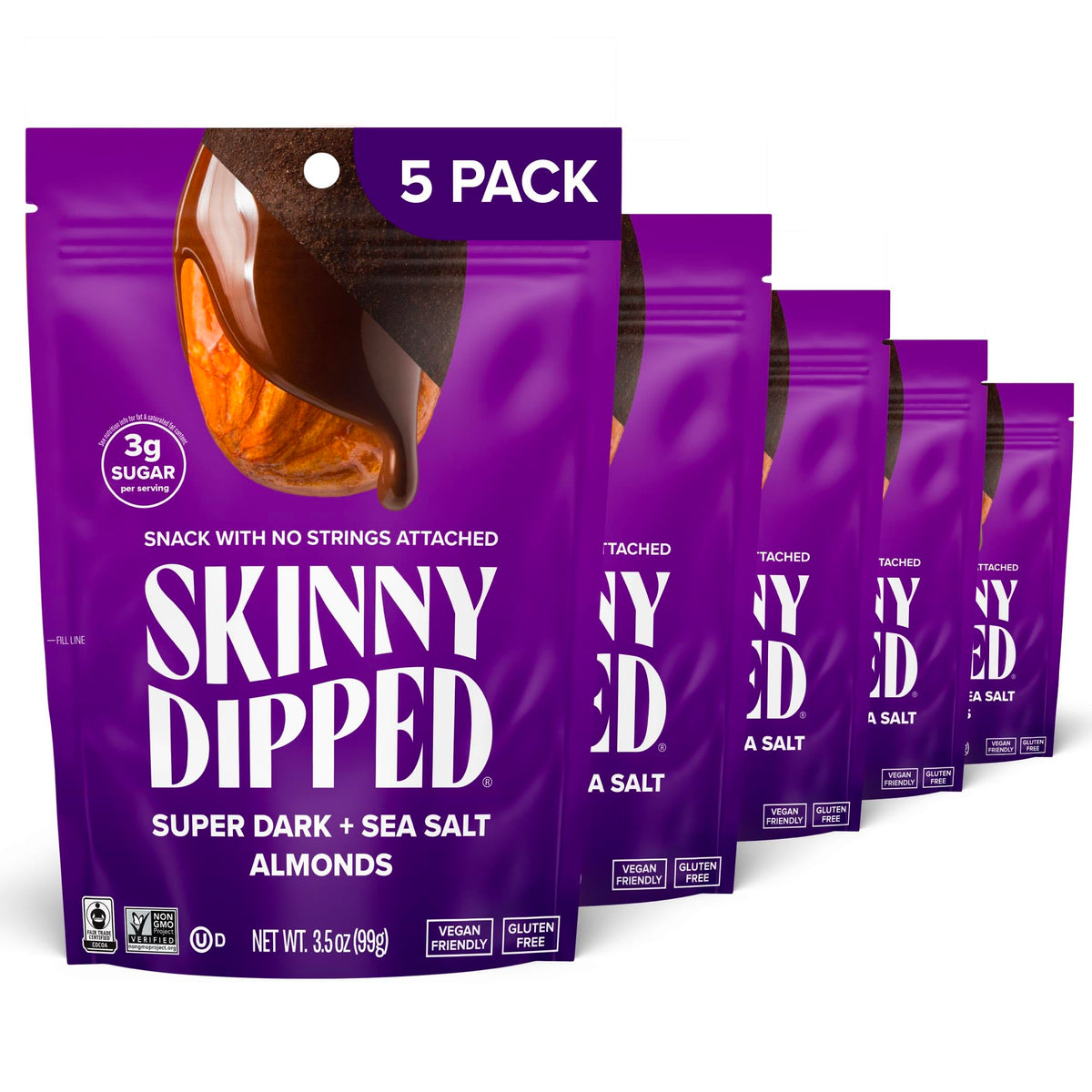 SKINNYDIPPED dark chocolate sea salt almonds in a 5-pack resealable bag for on-the-go snacking.