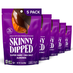 SKINNYDIPPED dark chocolate sea salt almonds in a 5-pack resealable bag for on-the-go snacking.