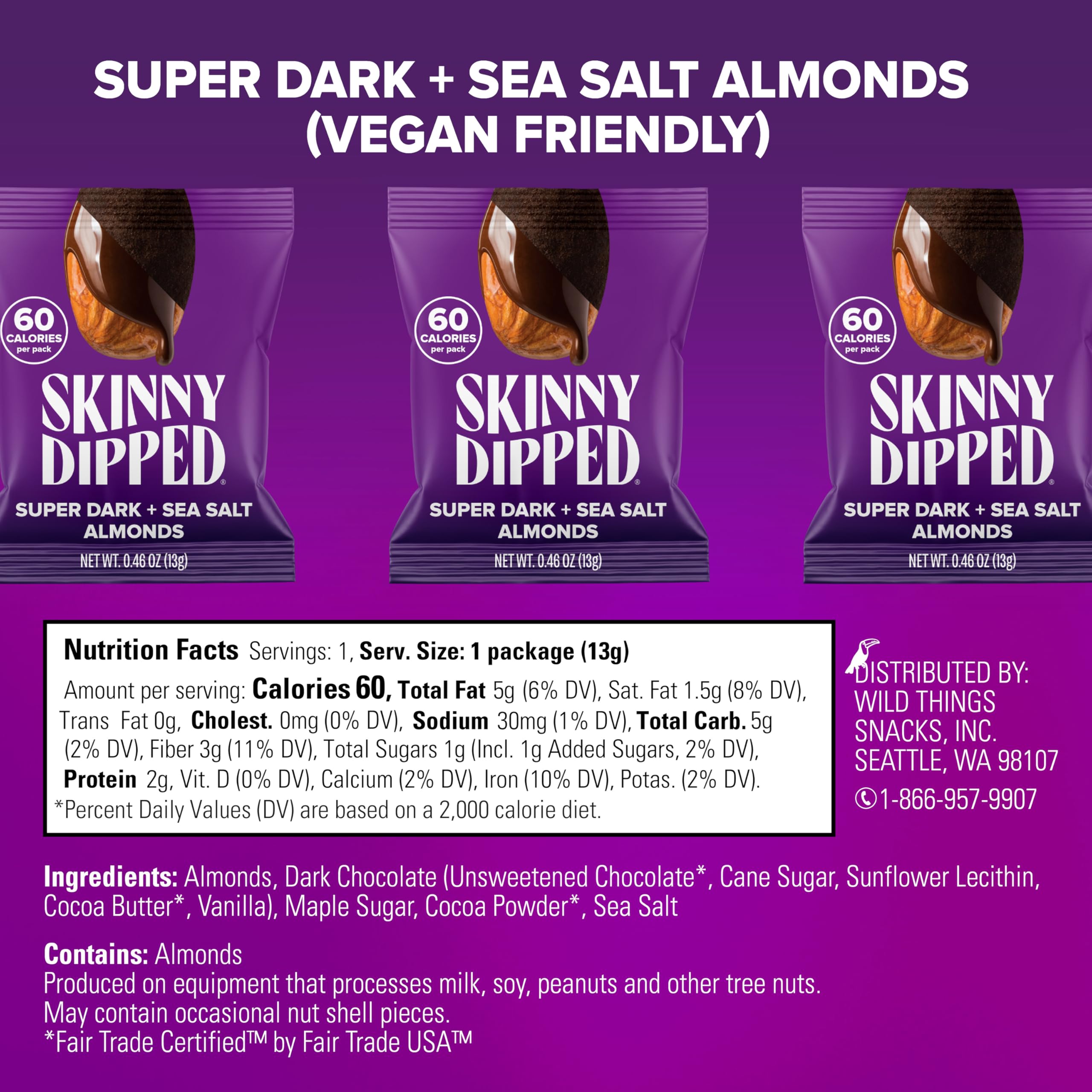 Close-up of SkinnyDipped dark chocolate sea salt almonds showing premium ingredients