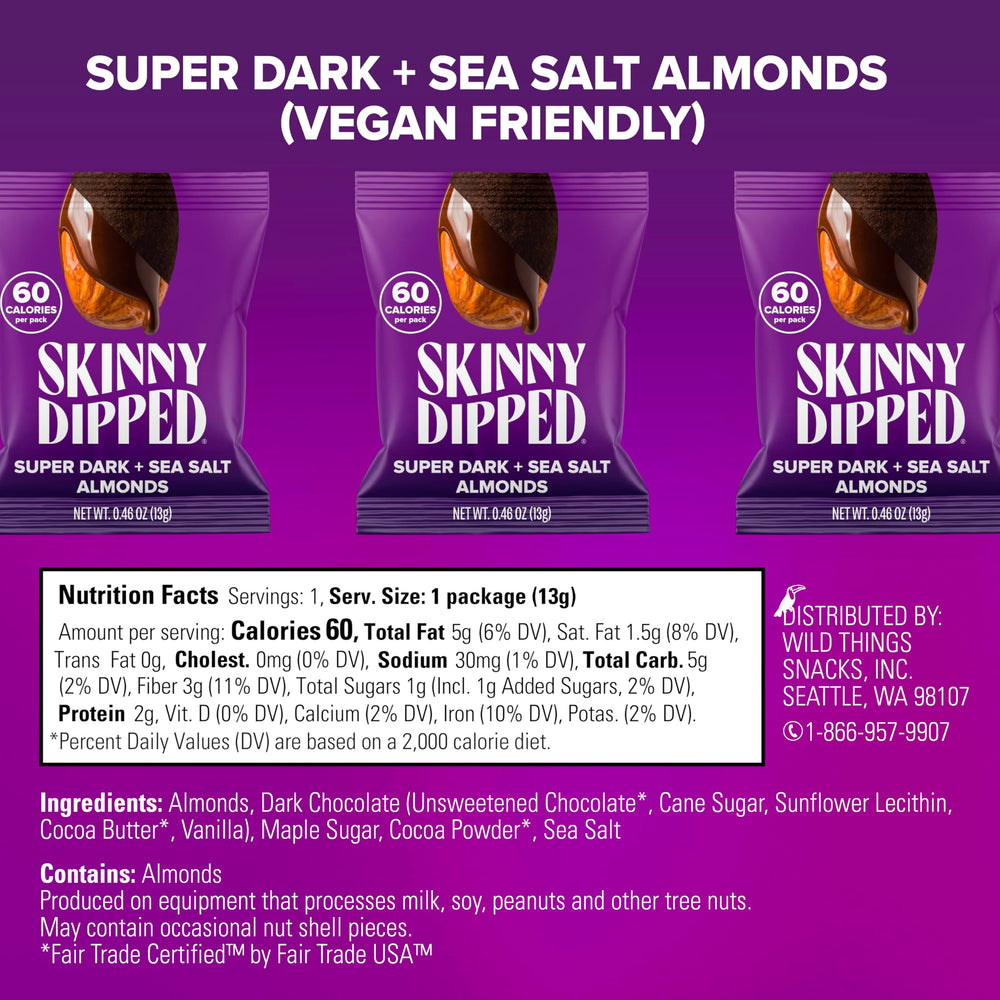 Close-up of SkinnyDipped dark chocolate sea salt almonds showing premium ingredients