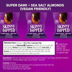 Close-up of SkinnyDipped dark chocolate sea salt almonds showing premium ingredients