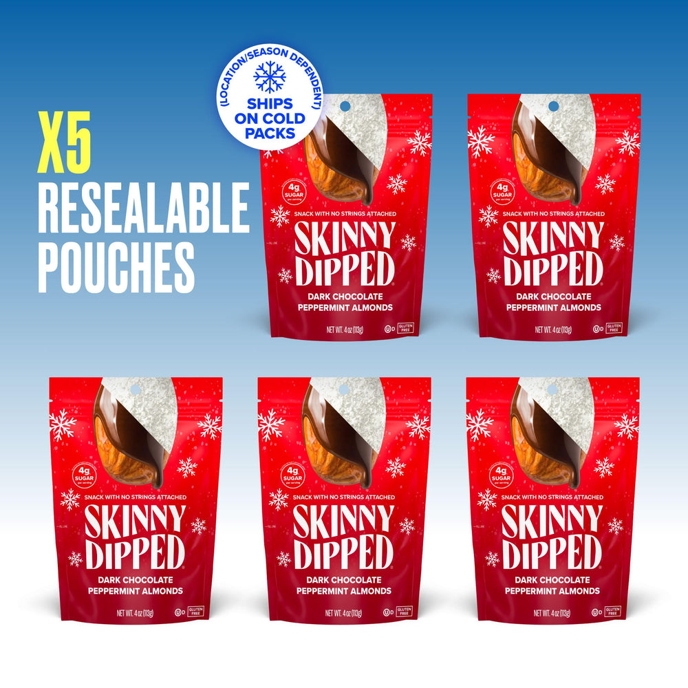 SkinnyDipped gluten-free and kosher certification stamp on peppermint almonds.