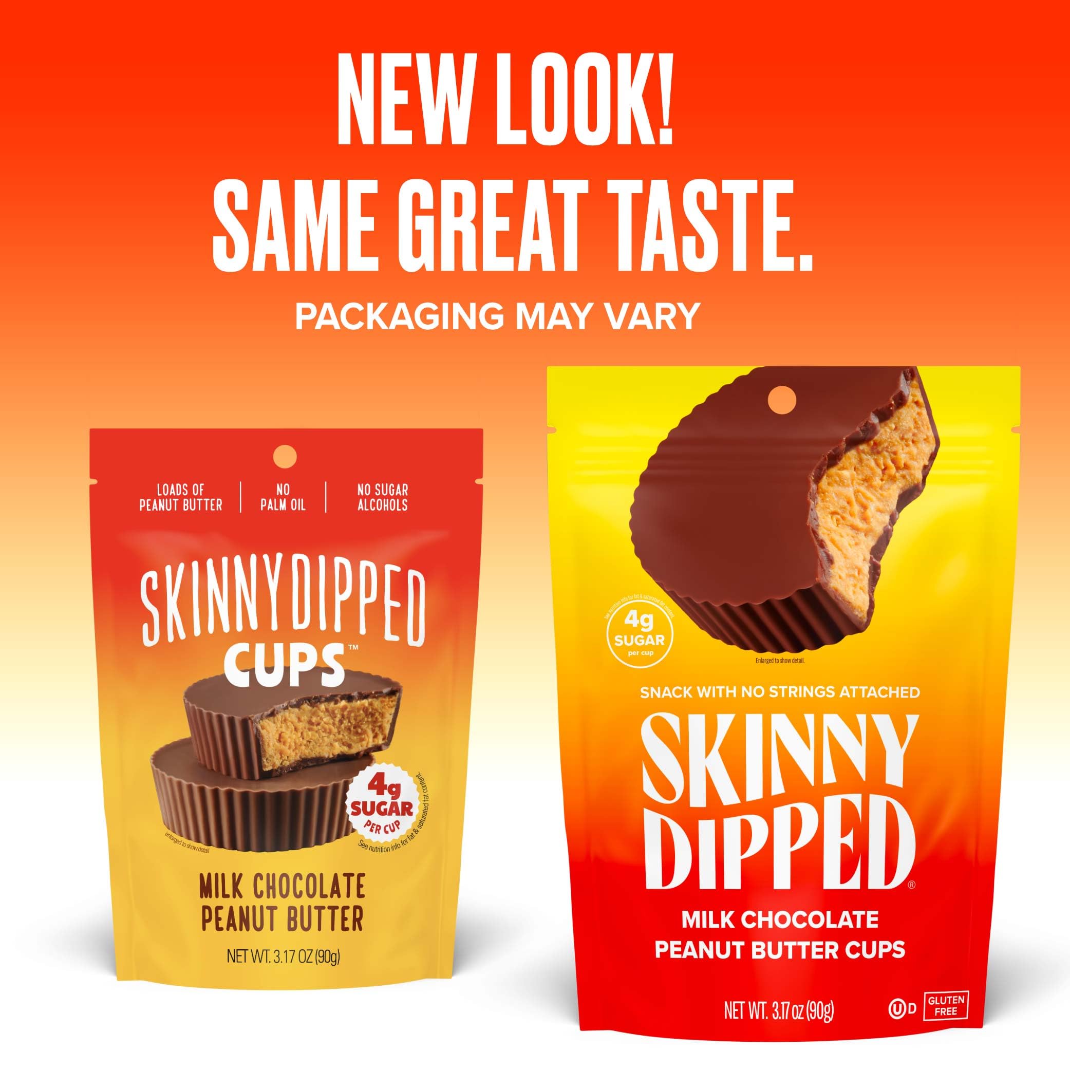 SkinnyDipped gluten-free badge on packaging for gluten sensitive diets.